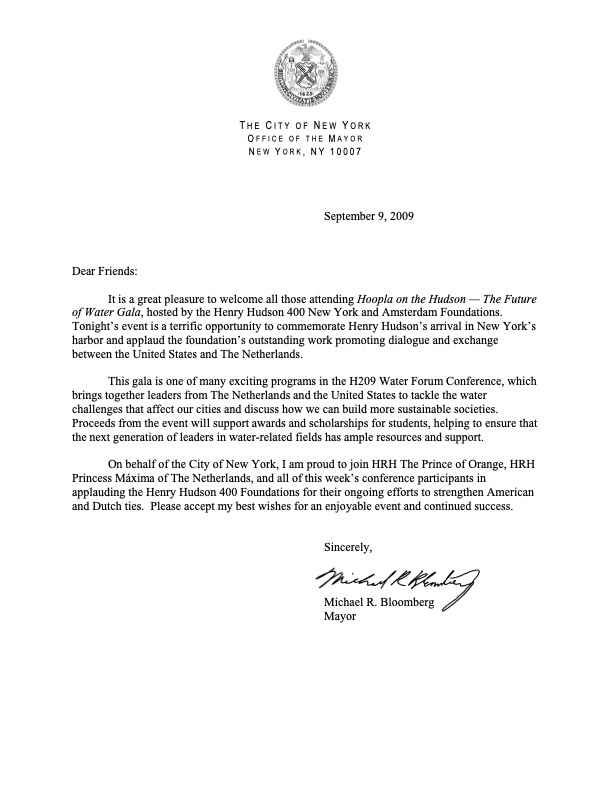 Brief burgemeester Bloomberg aan Angela Haines en Gert Tetteroo